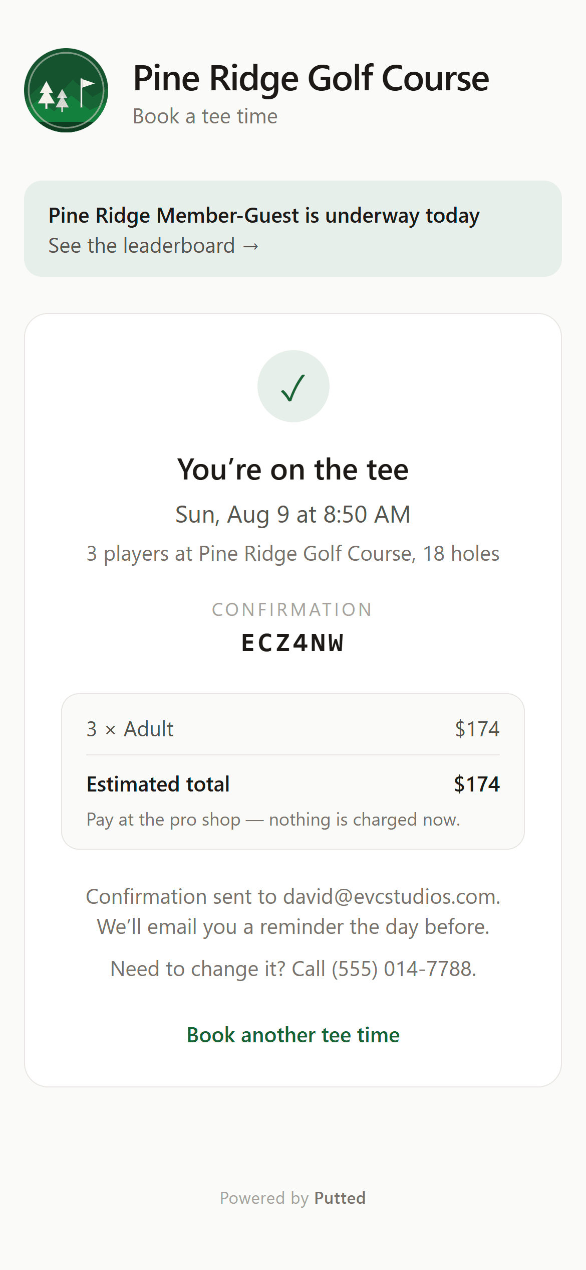 A booking confirmation on a phone: Sunday at 8:50 AM for three players, a confirmation code, an estimated total of $174 and a note that nothing is charged now.