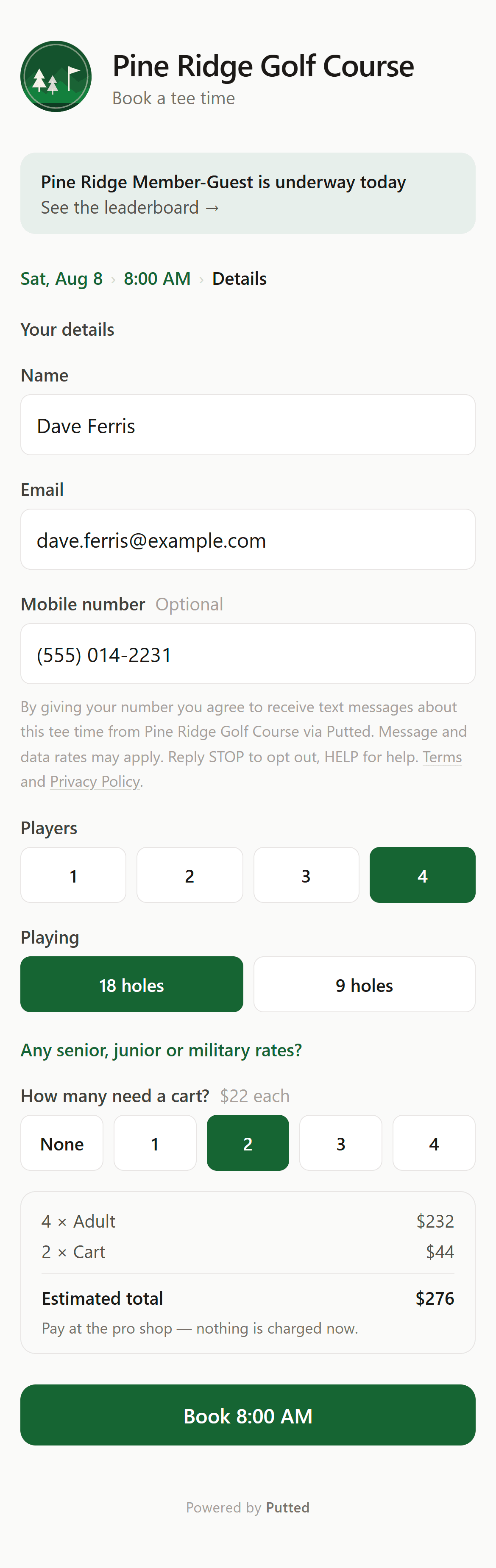 The booking page on a phone: name, email and mobile number, four players, 18 holes, two carts, and a running total of $276 marked estimated and due at the pro shop.