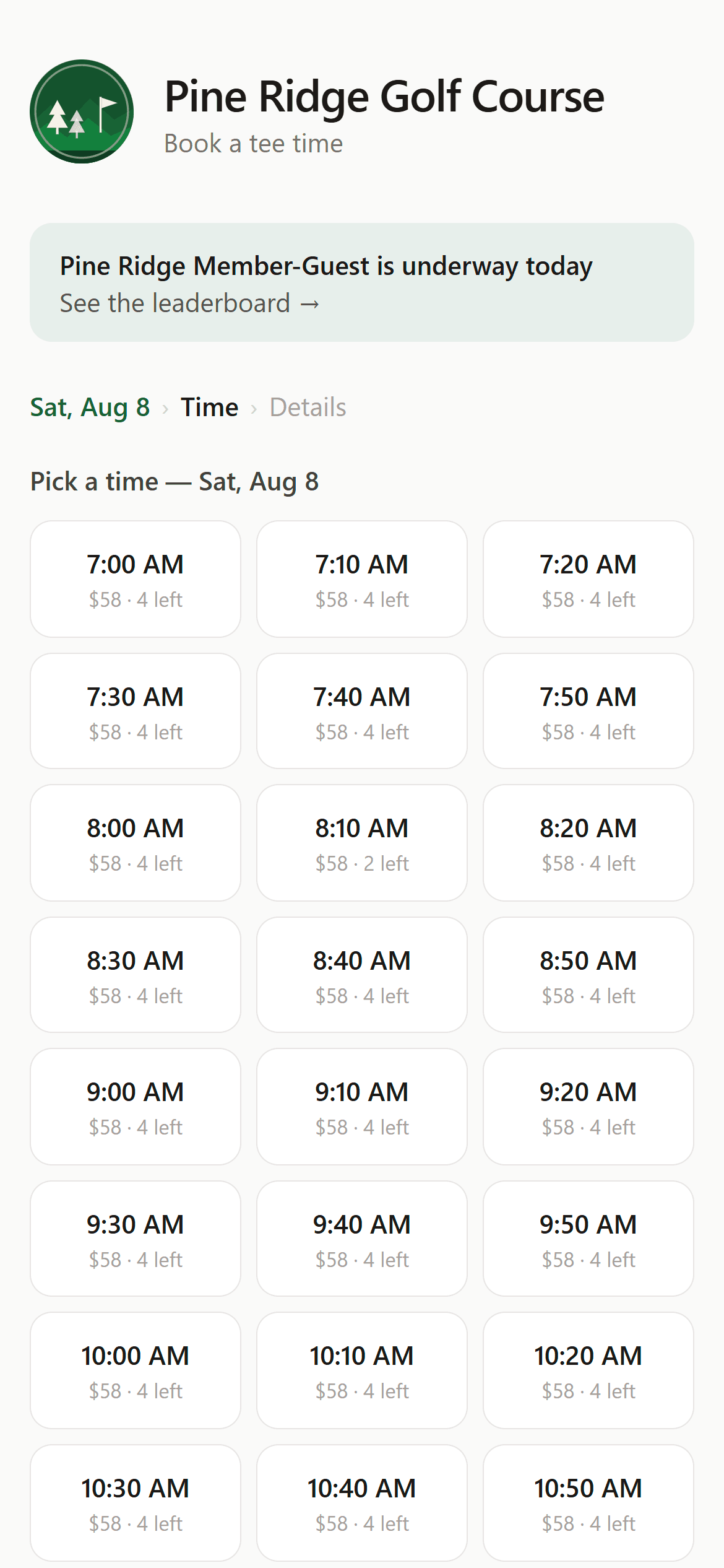 The same course's public booking page on a phone, showing Saturday tee times every ten minutes at $58 with the number of spots left.