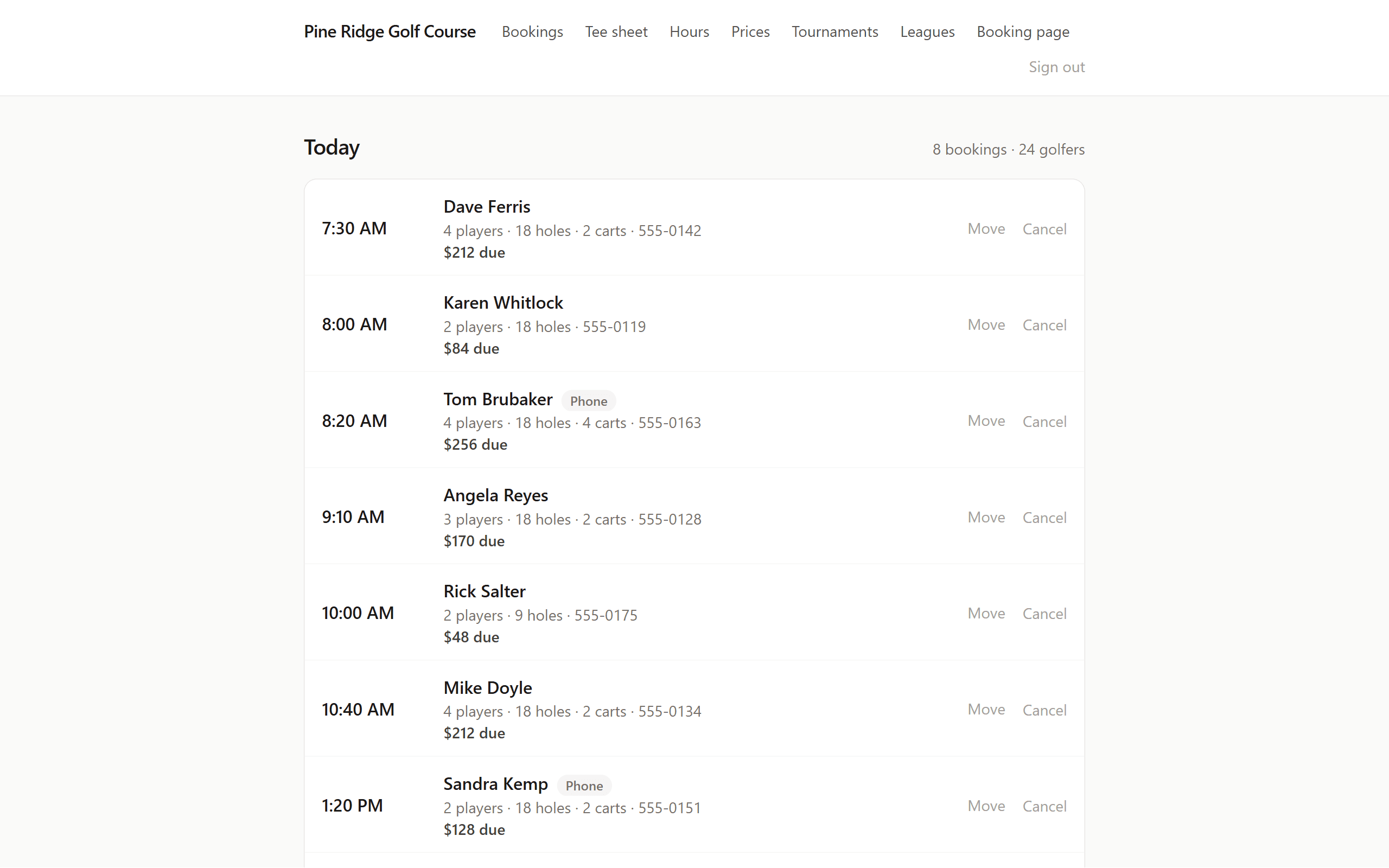 A golf course's booking list for today: eight groups from 7:30 AM, each with player count, holes, carts and the amount due at the pro shop.