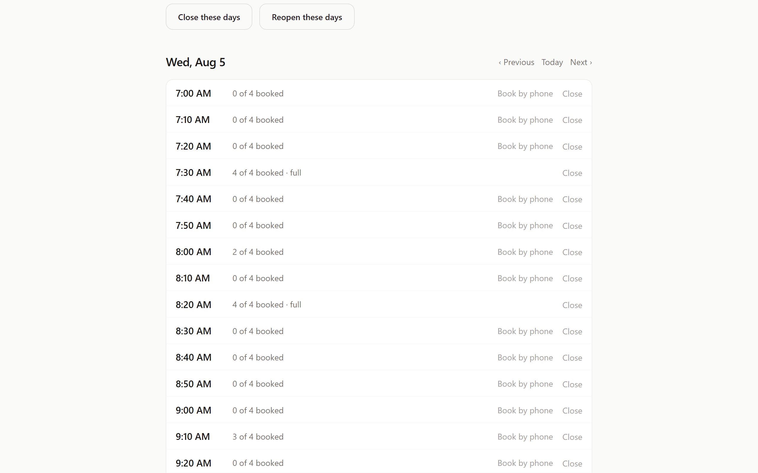 A day on the tee sheet: tee times every ten minutes from 7:00 AM, each showing how many of four spots are booked — the tee sheet on its own, with no register attached.