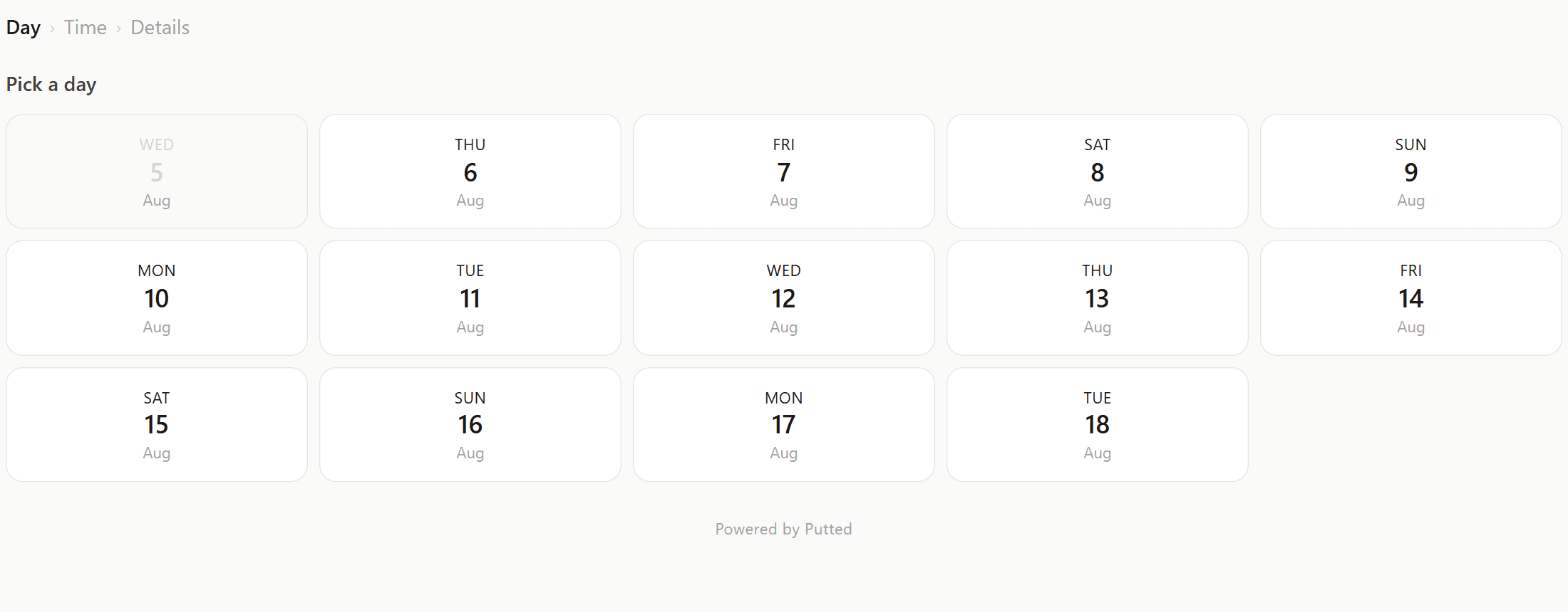 The bookable day picker on its own, with two weeks of dates and a “Powered by Putted” line — the piece that drops into a course's existing website.