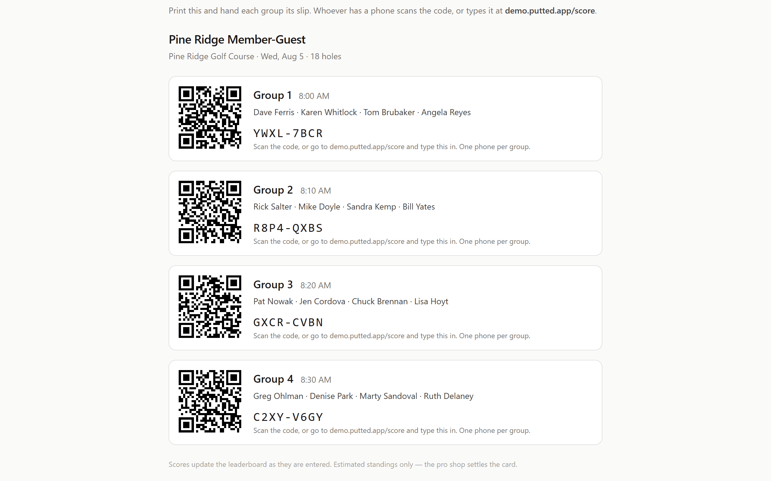 A printable tournament start sheet: four groups with their tee times, players, a QR code each and an eight-character join code.