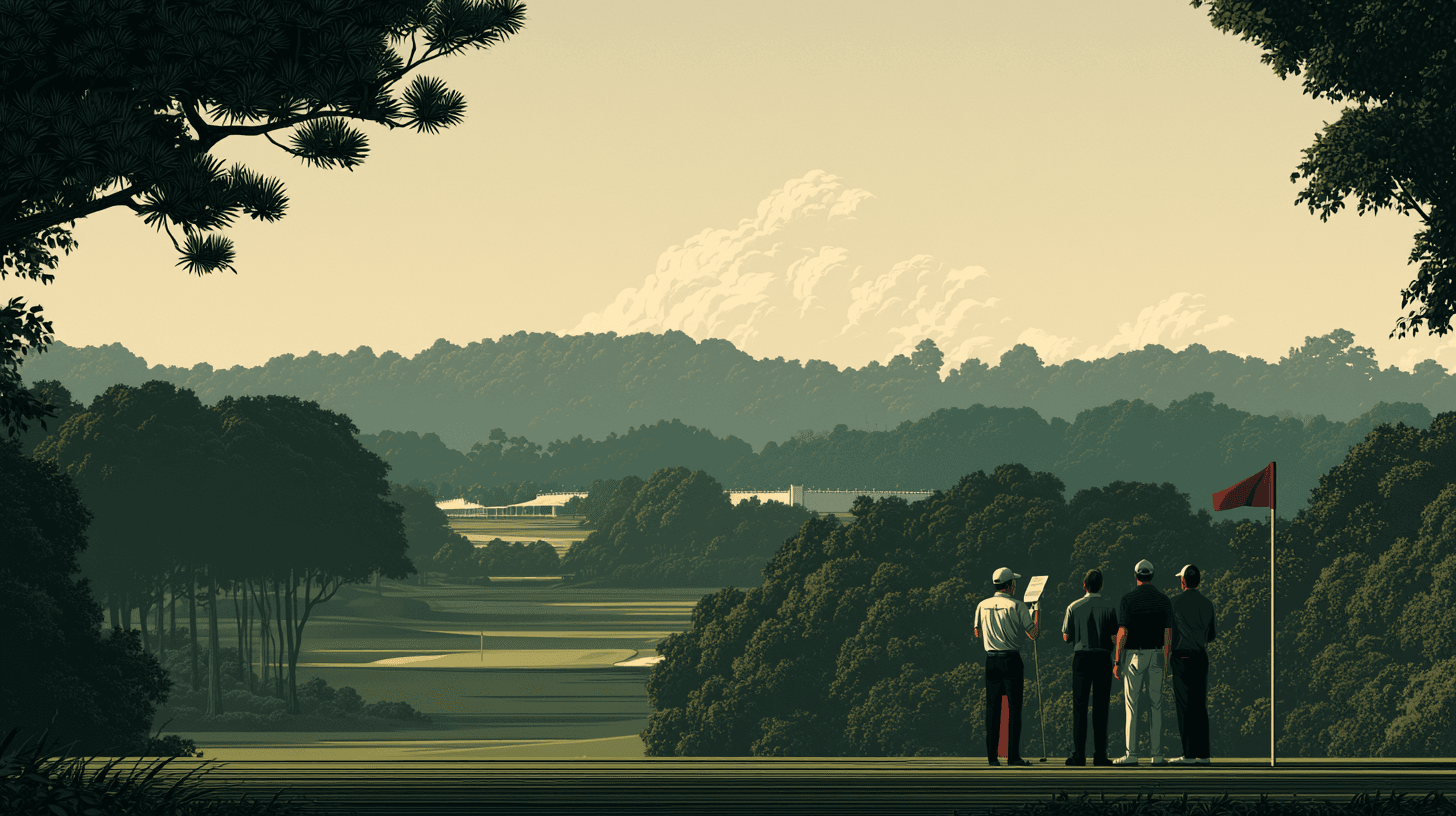 Four golfers gathered beside a flag overlooking a golf course.